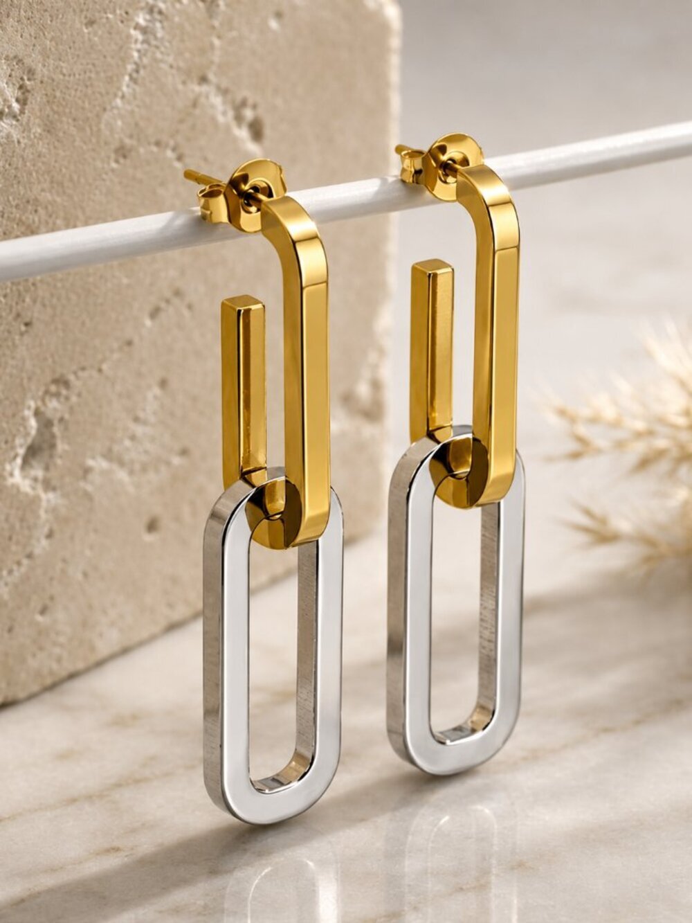 18k Gold Plated 316L SS Two Tone Convertible Link Drop Earrings Gold Silver 1.5"